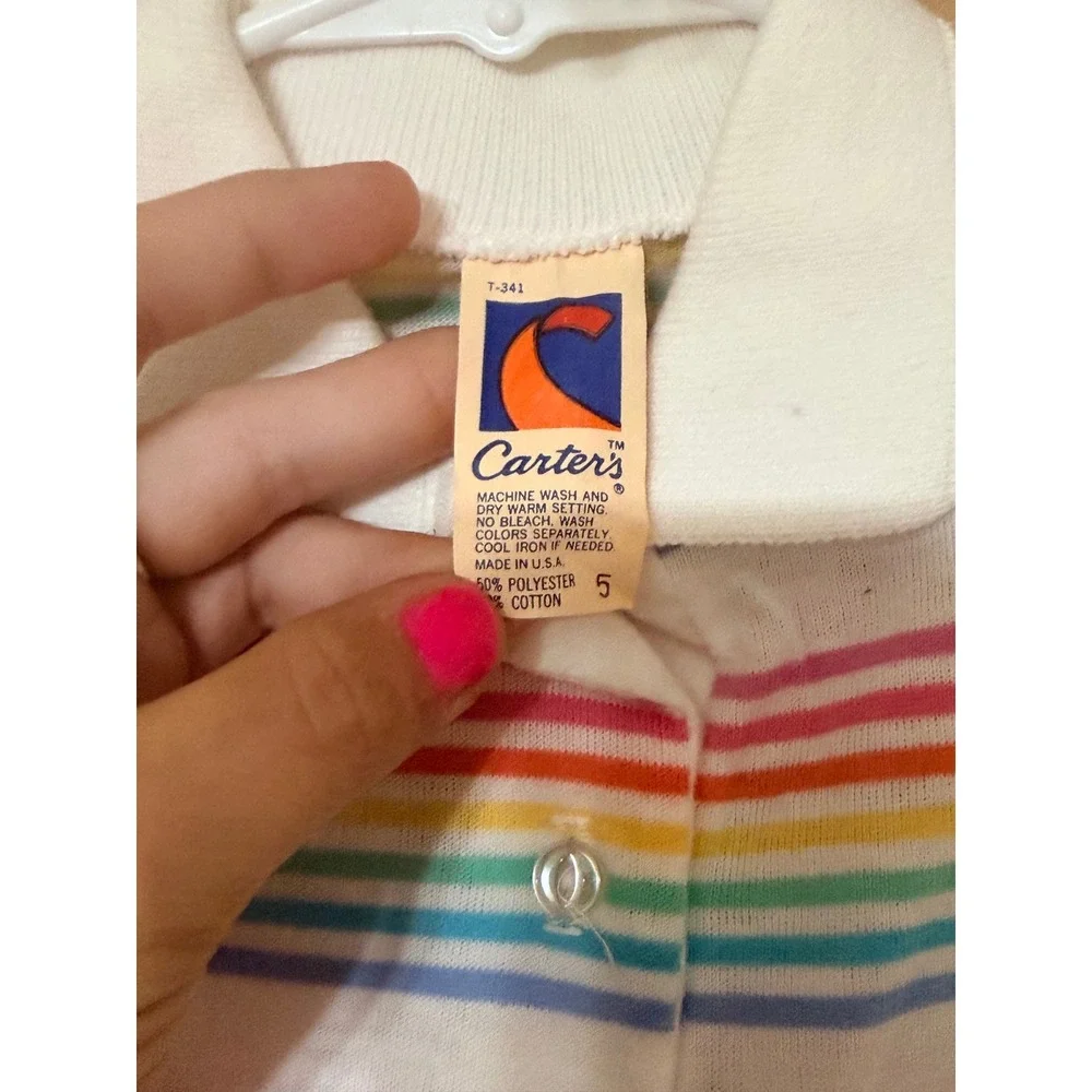Vintage Carters Girls Rainbow Stripe Polo Shirt White Cotton Blend Size 5 USA